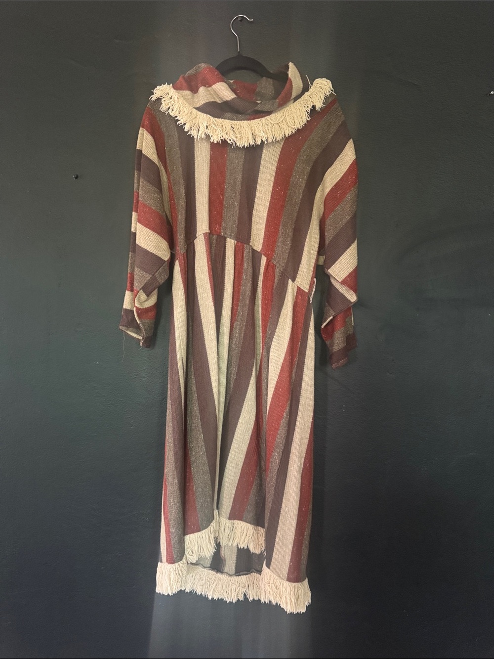 Striped Fringe Midi Dress in Red, Brown & Cream